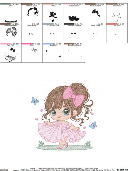 Baby girl with pink dress embroidery designs - Princess with long hair and lace machine embroidery pattern - Instant digital download pes