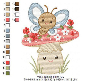 Mushroom with flowers embroidery designs - Toad with butterflies machine embroidery pattern - Kitchen Towel file - Instant download pes dst