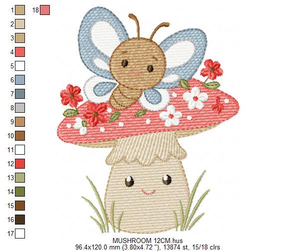 Mushroom with flowers embroidery designs - Toad with butterflies machine embroidery pattern - Kitchen Towel file - Instant download pes dst