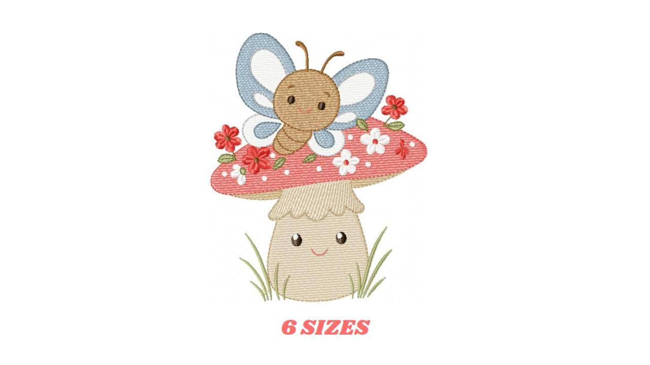 Mushroom with flowers embroidery designs - Toad with butterflies machine embroidery pattern - Kitchen Towel file - Instant download pes dst