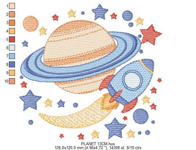 Space Rocket embroidery designs - Space Planet Saturn machine embroidery pattern - Moon stars and planet file - Baby boy - Instant download
