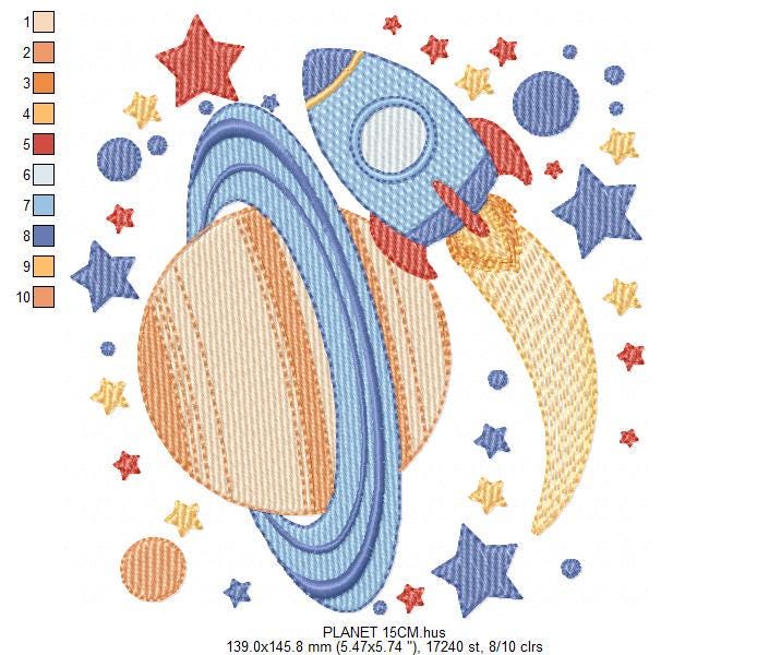 Space Rocket embroidery designs - Space Planet Saturn machine embroidery pattern - Moon stars and planet file - Baby boy - Instant download
