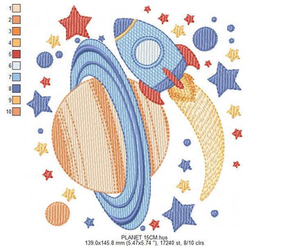 Space Rocket embroidery designs - Space Planet Saturn machine embroidery pattern - Moon stars and planet file - Baby boy - Instant download