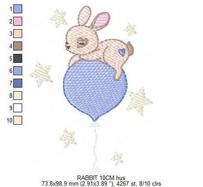 Bunny embroidery design - Rabbit with balloon machine embroidery pattern - Baby boy embroidery file - Instant digital download pes jef dst