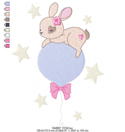 Female Bunny embroidery design - Rabbit with lace and balloon machine embroidery pattern - Baby girl file - Instant digital download pes jef
