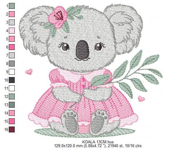 Koala embroidery design - Baby girl bear with dress machine embroidery pattern - Wild animal Australia file - Instant digital download pes