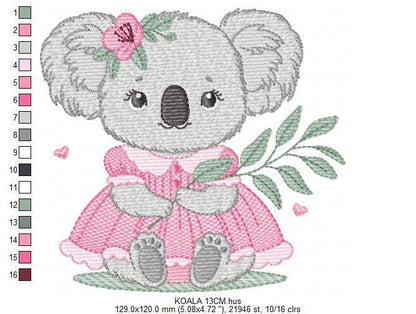 Koala embroidery design - Baby girl bear with dress machine embroidery pattern - Wild animal Australia file - Instant digital download pes