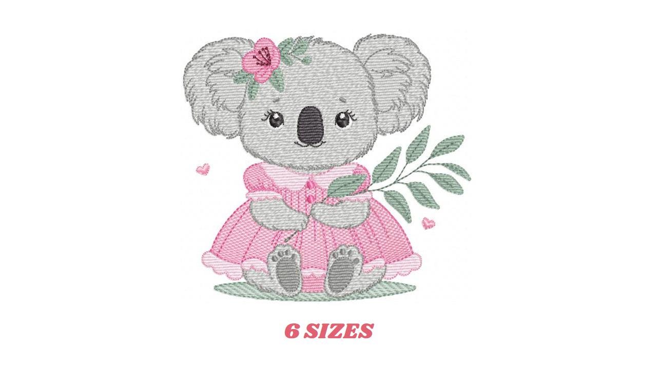 Koala embroidery design - Baby girl bear with dress machine embroidery pattern - Wild animal Australia file - Instant digital download pes