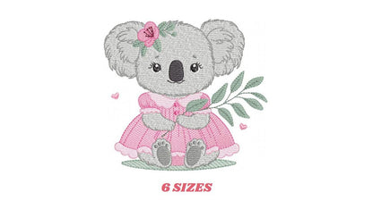 Koala embroidery design - Baby girl bear with dress machine embroidery pattern - Wild animal Australia file - Instant digital download pes
