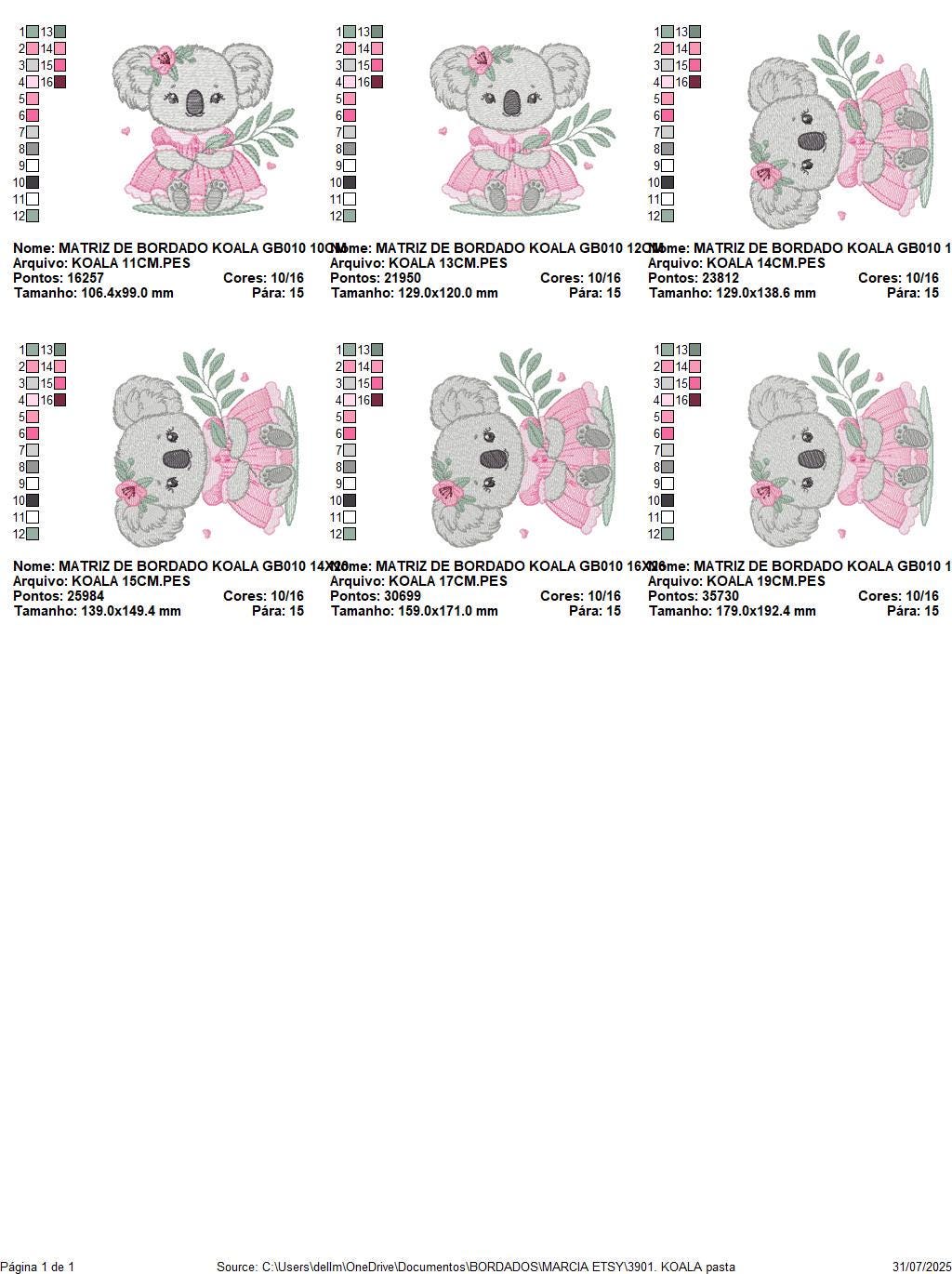 Koala embroidery design - Baby girl bear with dress machine embroidery pattern - Wild animal Australia file - Instant digital download pes