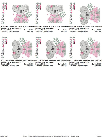 Koala embroidery design - Baby girl bear with dress machine embroidery pattern - Wild animal Australia file - Instant digital download pes