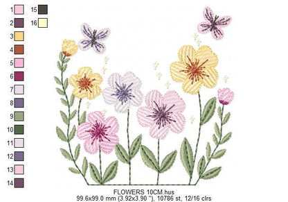 Flower Garden embroidery designs - Flower and Butterfly machine embroidery pattern - Floral bouquet Kitchen Towel - Instant digital download