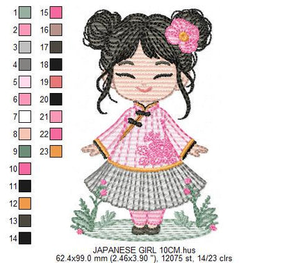 Japanese Geisha embroidery designs - Japanese Girl machine embroidery pattern - Geisha with flowers - Instant digital download pes jef dst