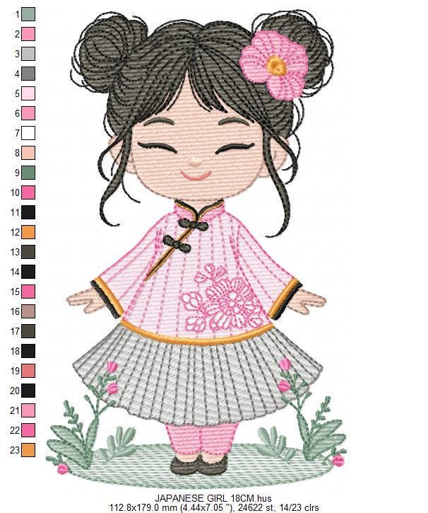 Japanese Geisha embroidery designs - Japanese Girl machine embroidery pattern - Geisha with flowers - Instant digital download pes jef dst