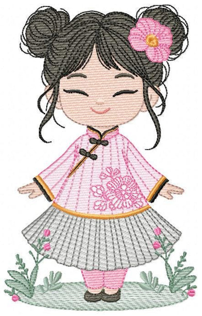 Japanese Geisha embroidery designs - Japanese Girl machine embroidery pattern - Geisha with flowers - Instant digital download pes jef dst