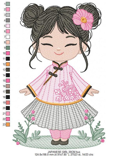 Japanese Geisha embroidery designs - Japanese Girl machine embroidery pattern - Geisha with flowers - Instant digital download pes jef dst