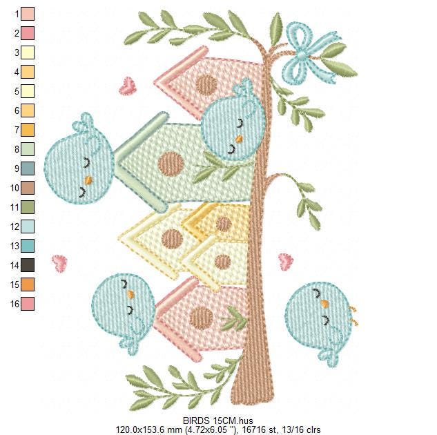 Bird Family embroidery designs - Bird House machine embroidery pattern - Baby Birds with tree - Instant digital download pes jef dst hus dst