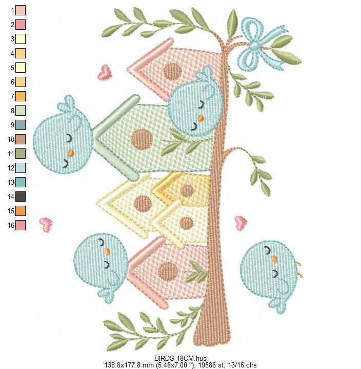 Bird Family embroidery designs - Bird House machine embroidery pattern - Baby Birds with tree - Instant digital download pes jef dst hus dst