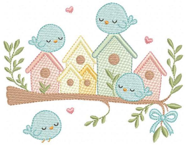 Bird Family embroidery designs - Bird House machine embroidery pattern - Baby Birds with tree - Instant digital download pes jef dst hus dst