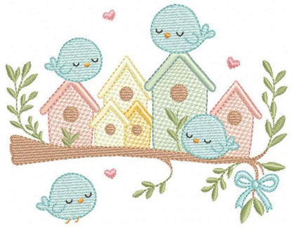 Bird Family embroidery designs - Bird House machine embroidery pattern - Baby Birds with tree - Instant digital download pes jef dst hus dst
