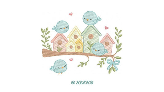 Bird Family embroidery designs - Bird House machine embroidery pattern - Baby Birds with tree - Instant digital download pes jef dst hus dst