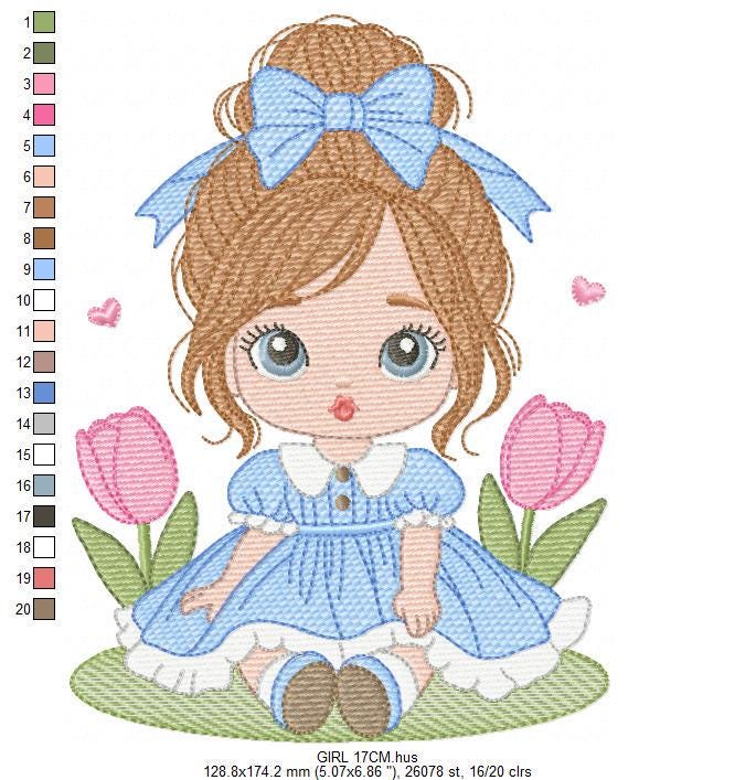 Girl with long hair and flowers embroidery designs - Princess machine embroidery pattern - Girl with lace and hearts - Instant digital download pes jef dst