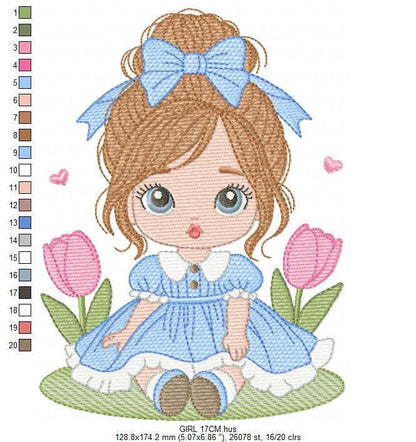Girl with long hair and flowers embroidery designs - Princess machine embroidery pattern - Girl with lace and hearts - Instant digital download pes jef dst