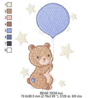 Balloon embroidery designs - Bear with balloon machine embroidery pattern - Birthday Gender Reveal Party file - Instant digital download pes