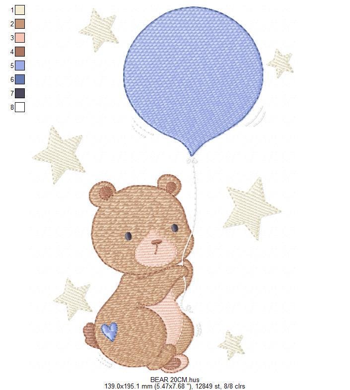 Balloon embroidery designs - Bear with balloon machine embroidery pattern - Birthday Gender Reveal Party file - Instant digital download pes