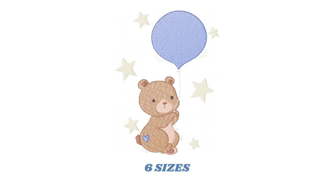 Balloon embroidery designs - Bear with balloon machine embroidery pattern - Birthday Gender Reveal Party file - Instant digital download pes