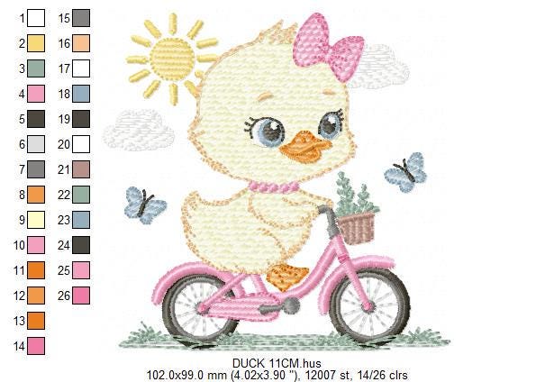 Duck embroidery design - Baby girl duck with bike machine embroidery pattern - Duck with bike and butterflies - Instant digital download pes