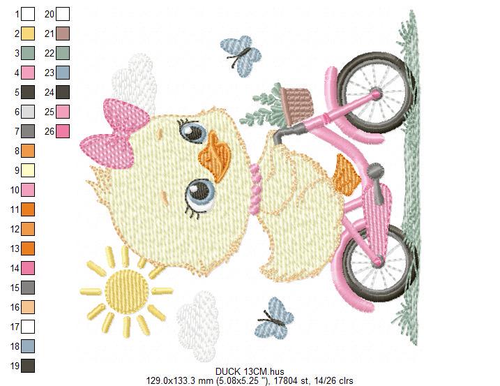 Duck embroidery design - Baby girl duck with bike machine embroidery pattern - Duck with bike and butterflies - Instant digital download pes