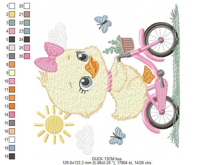 Duck embroidery design - Baby girl duck with bike machine embroidery pattern - Duck with bike and butterflies - Instant digital download pes