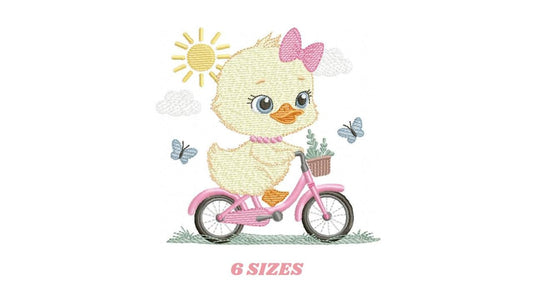 Duck embroidery design - Baby girl duck with bike machine embroidery pattern - Duck with bike and butterflies - Instant digital download pes