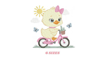 Duck embroidery design - Baby girl duck with bike machine embroidery pattern - Duck with bike and butterflies - Instant digital download pes
