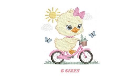 Duck embroidery design - Baby girl duck with bike machine embroidery pattern - Duck with bike and butterflies - Instant digital download pes
