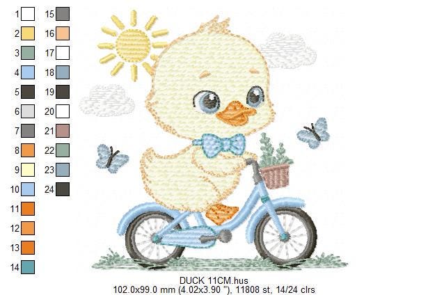 Duck embroidery design - Baby boy duck with bike machine embroidery pattern - Duck with bike and butterflies - Instant download pes jef dst
