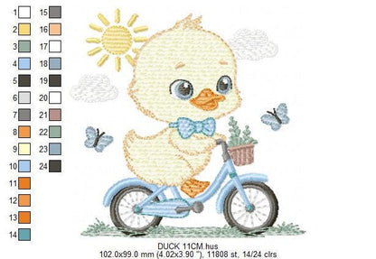 Duck embroidery design - Baby boy duck with bike machine embroidery pattern - Duck with bike and butterflies - Instant download pes jef dst