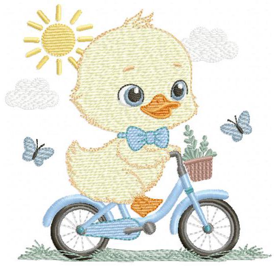 Duck embroidery design - Baby boy duck with bike machine embroidery pattern - Duck with bike and butterflies - Instant download pes jef dst