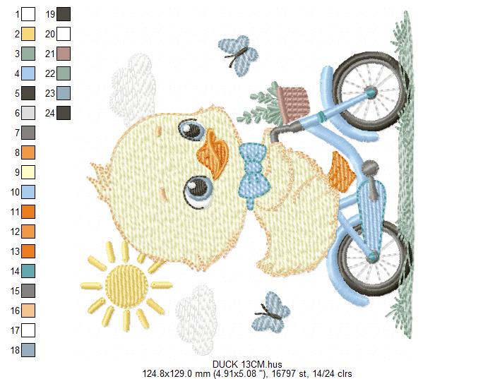 Duck embroidery design - Baby boy duck with bike machine embroidery pattern - Duck with bike and butterflies - Instant download pes jef dst