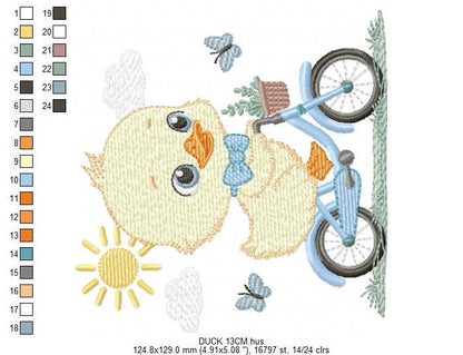 Duck embroidery design - Baby boy duck with bike machine embroidery pattern - Duck with bike and butterflies - Instant download pes jef dst