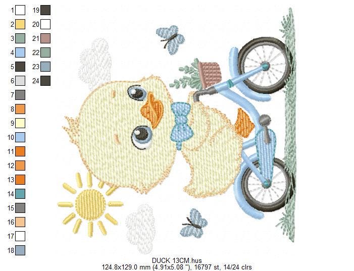 Duck embroidery design - Baby boy duck with bike machine embroidery pattern - Duck with bike and butterflies - Instant download pes jef dst