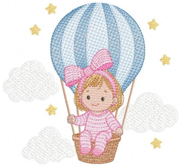 Hot air Balloon embroidery designs - Baby Girl in a Balloon with clouds machine embroidery pattern - Instant digital download pes jef dst