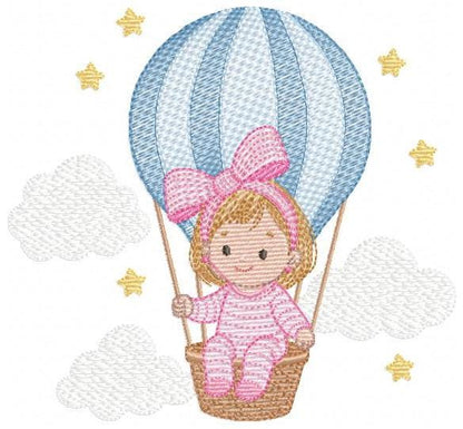 Hot air Balloon embroidery designs - Baby Girl in a Balloon with clouds machine embroidery pattern - Instant digital download pes jef dst