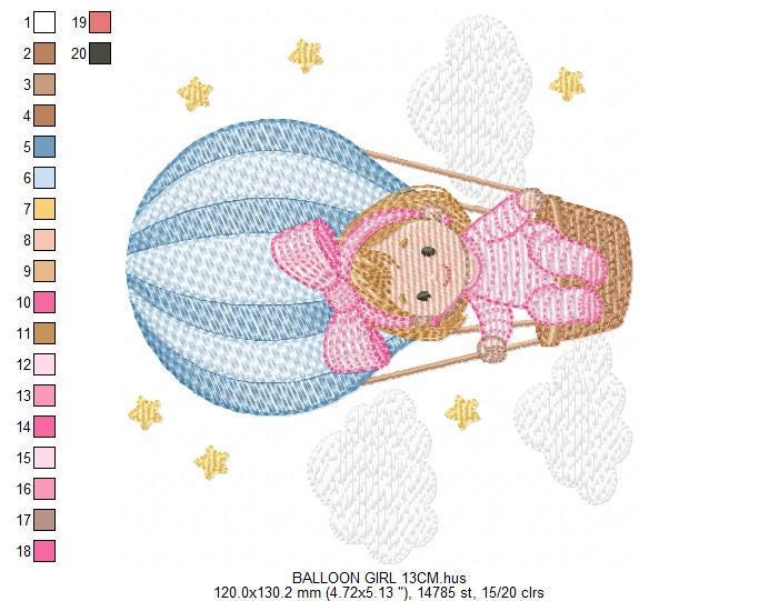 Hot air Balloon embroidery designs - Baby Girl in a Balloon with clouds machine embroidery pattern - Instant digital download pes jef dst