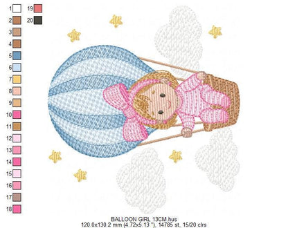 Hot air Balloon embroidery designs - Baby Girl in a Balloon with clouds machine embroidery pattern - Instant digital download pes jef dst