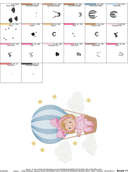 Hot air Balloon embroidery designs - Baby Girl in a Balloon with clouds machine embroidery pattern - Instant digital download pes jef dst