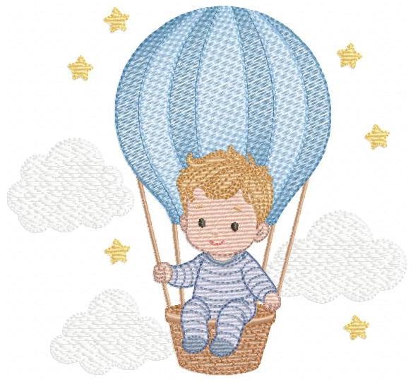 Hot air Balloon embroidery designs - Baby Boy in a Balloon with clouds machine embroidery pattern - Instant digital download pes jef dst vp3