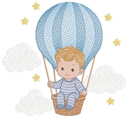 Hot air Balloon embroidery designs - Baby Boy in a Balloon with clouds machine embroidery pattern - Instant digital download pes jef dst vp3