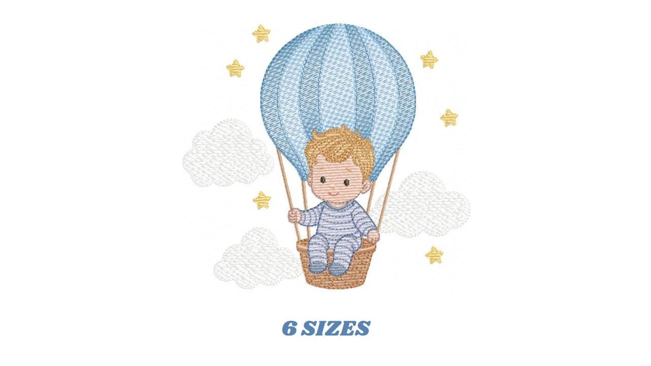 Hot air Balloon embroidery designs - Baby Boy in a Balloon with clouds machine embroidery pattern - Instant digital download pes jef dst vp3